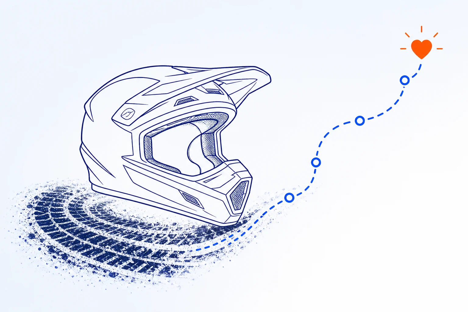 Un casco da motocross e una traccia che diventa un percorso verso un cuore
